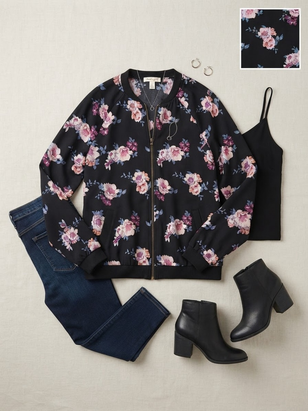 About a Girl Black Floral Zip-Up Bomber Jacket